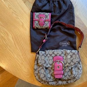 Coach Hobo purse, brown with hot pink accents